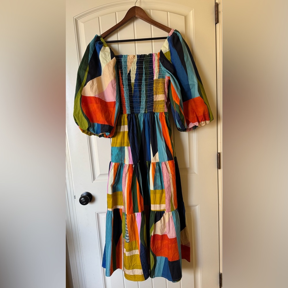 Karlie Multicolor fall cotton bow back smocked midi dress sz small